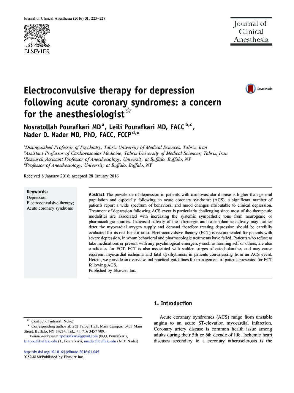 Electroconvulsive therapy for depression following acute coronary syndromes: a concern for the anesthesiologist