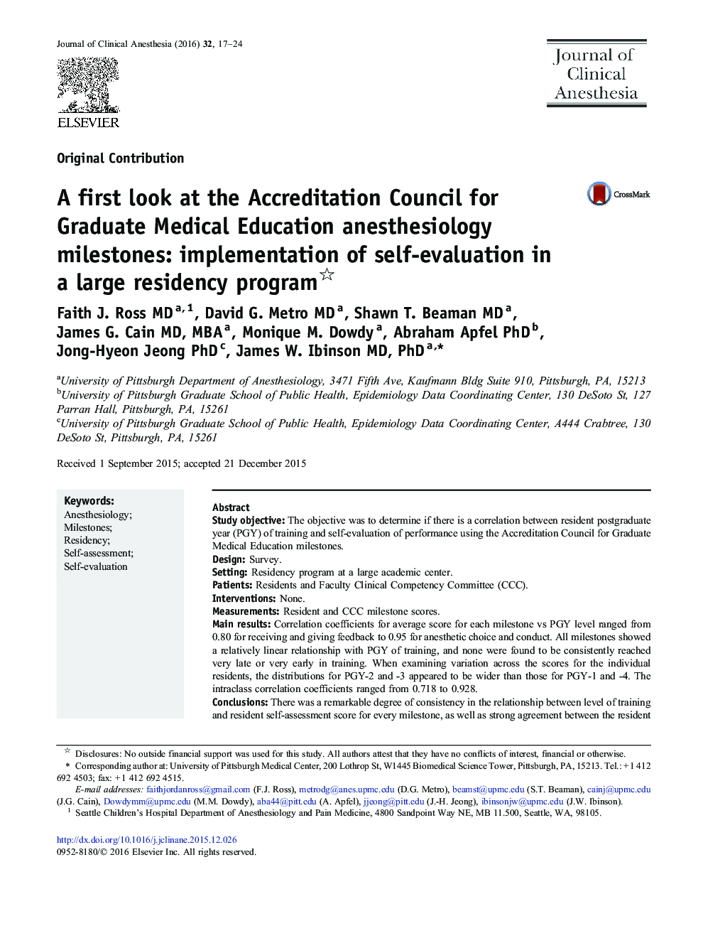 Original ContributionA first look at the Accreditation Council for Graduate Medical Education anesthesiology milestones: implementation of self-evaluation in a large residency program