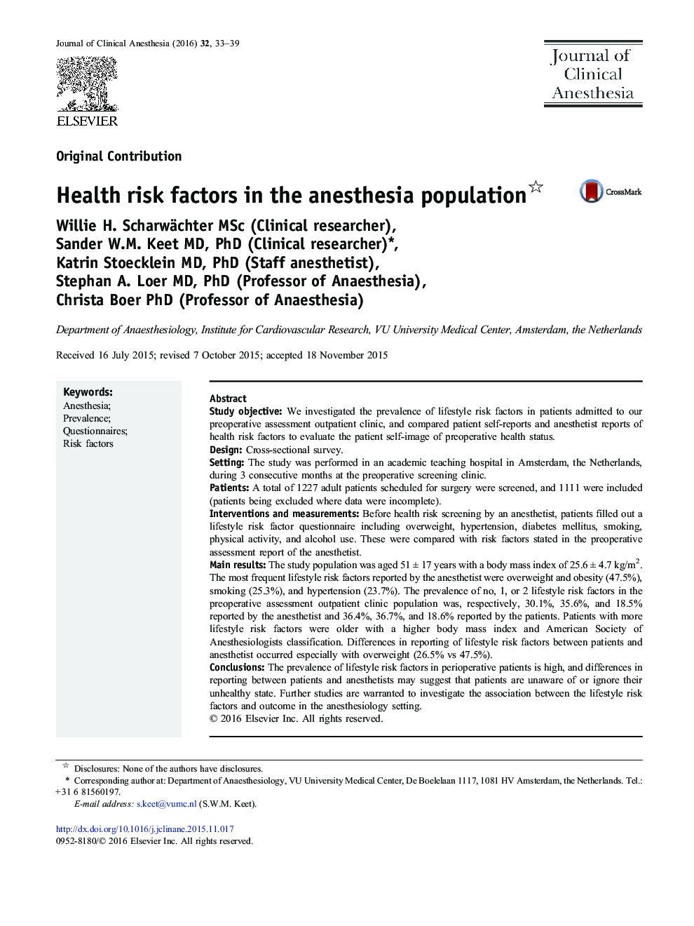 Health risk factors in the anesthesia population