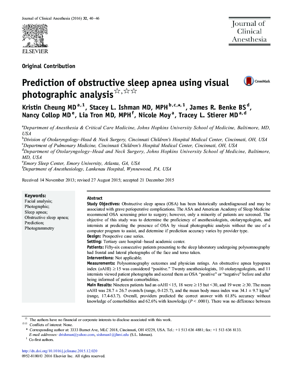 Original ContributionPrediction of obstructive sleep apnea using visual photographic analysis