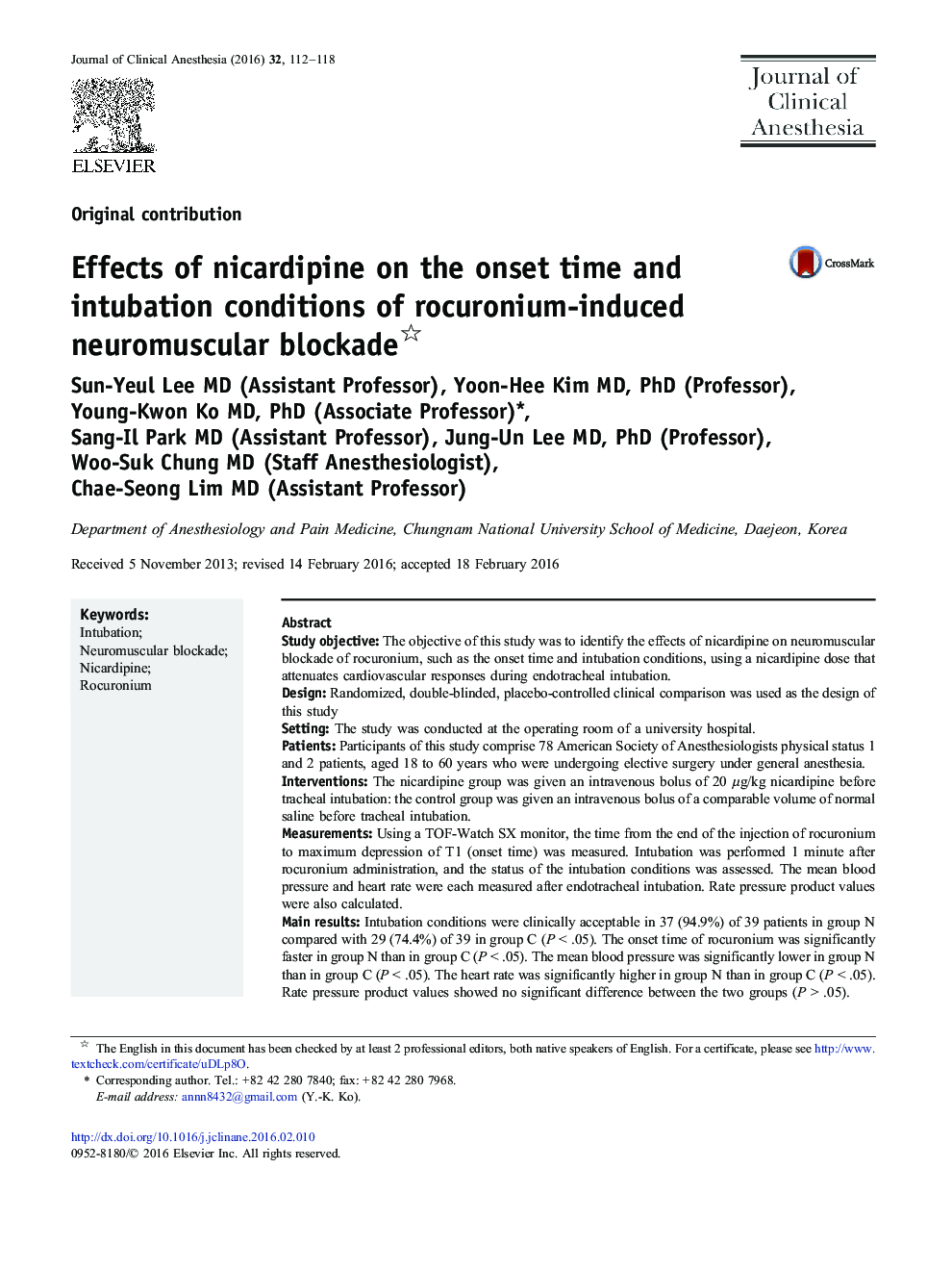 Effects of nicardipine on the onset time and intubation conditions of rocuronium-induced neuromuscular blockade