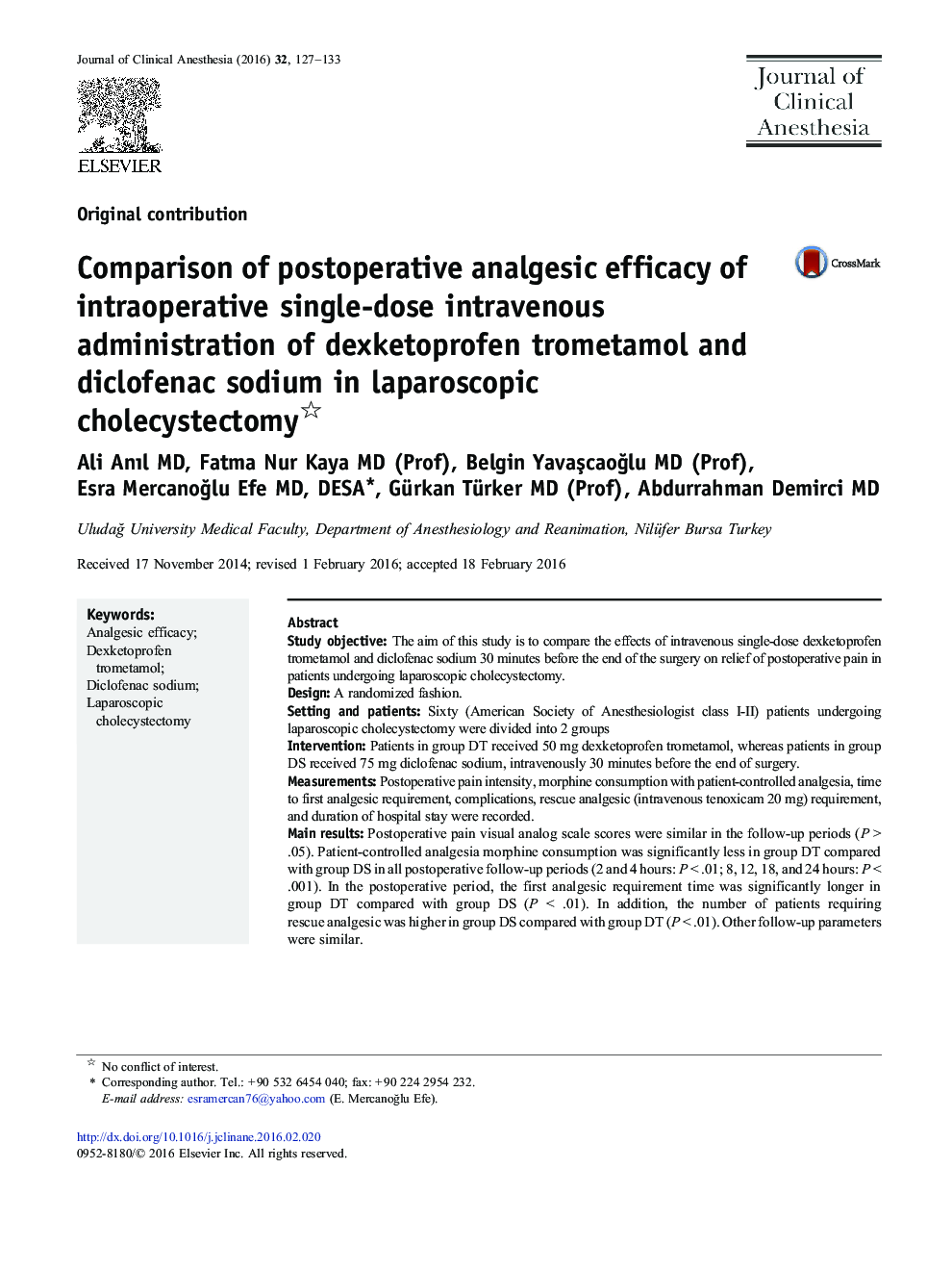 Comparison of postoperative analgesic efficacy of intraoperative single-dose intravenous administration of dexketoprofen trometamol and diclofenac sodium in laparoscopic cholecystectomy
