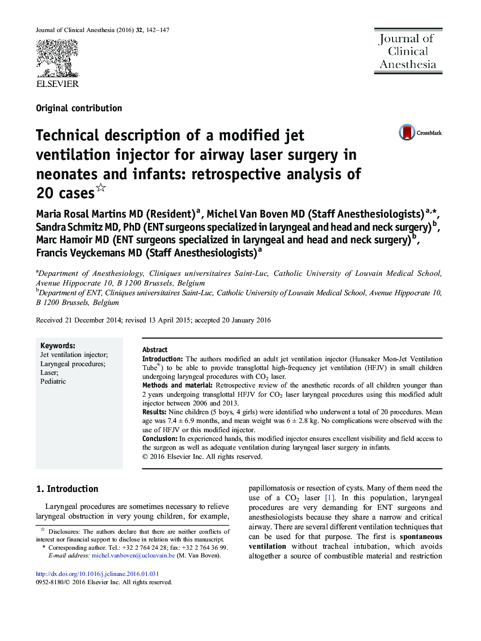 Technical description of a modified jet ventilation injector for airway laser surgery in neonates and infants: retrospective analysis of 20 cases