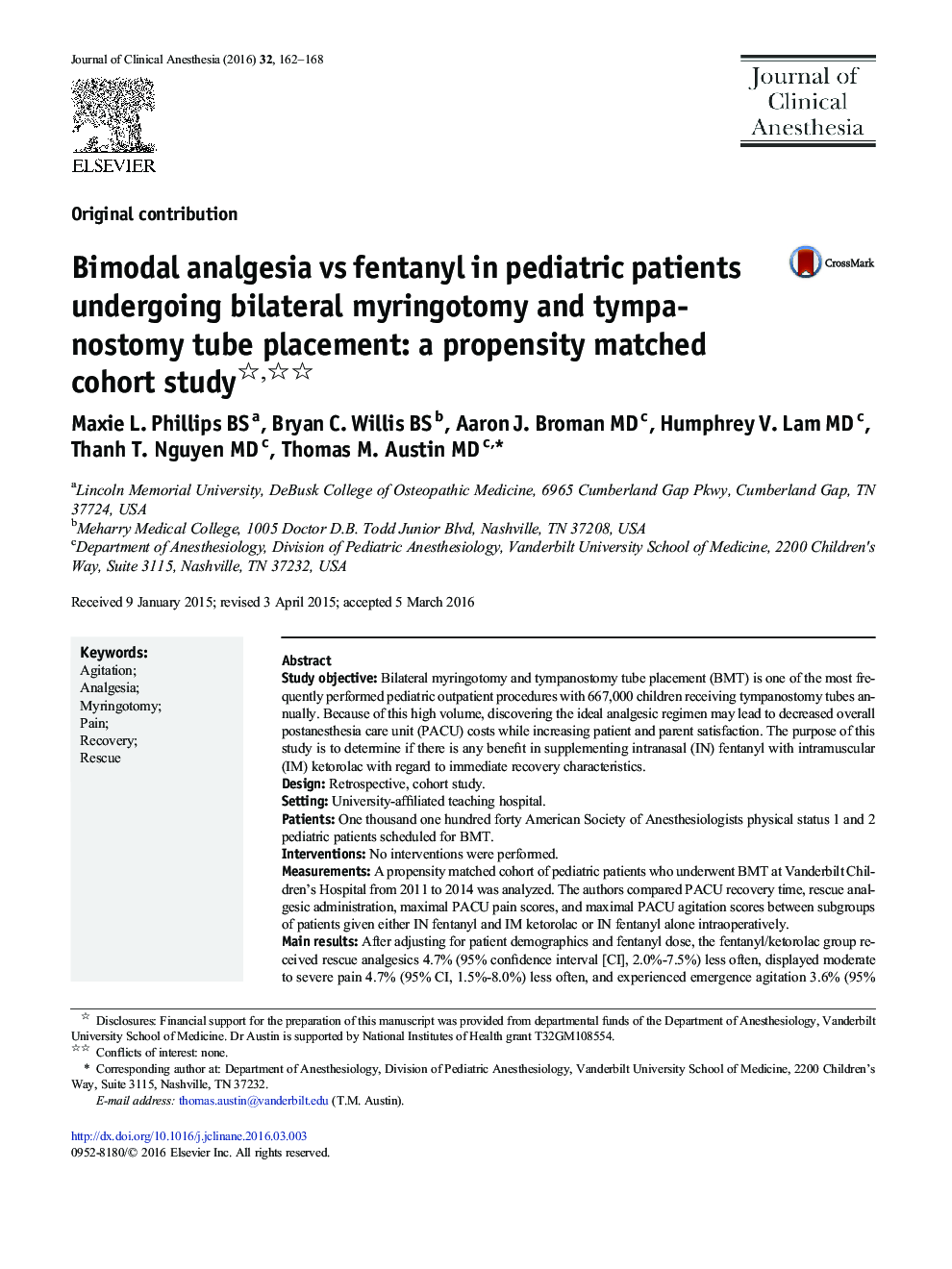Bimodal analgesia vs fentanyl in pediatric patients undergoing bilateral myringotomy and tympanostomy tube placement: a propensity matched cohort study