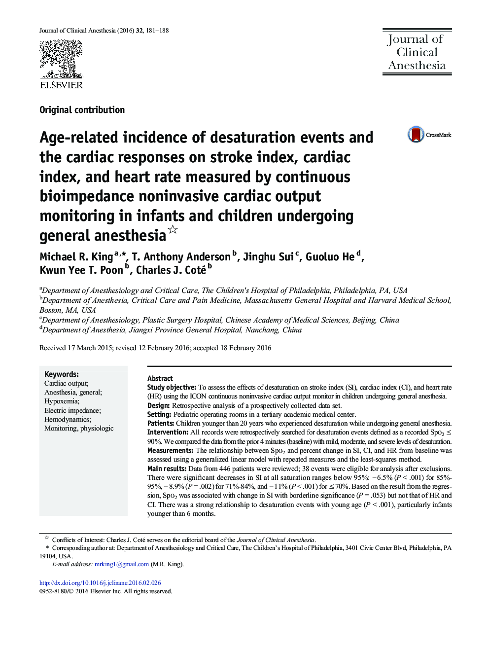 Age-related incidence of desaturation events and the cardiac responses on stroke index, cardiac index, and heart rate measured by continuous bioimpedance noninvasive cardiac output monitoring in infants and children undergoing general anesthesia