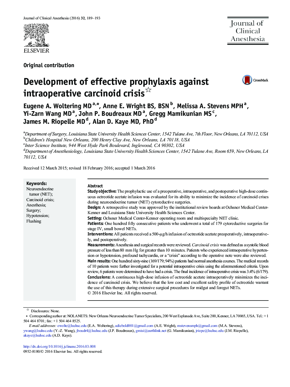 Development of effective prophylaxis against intraoperative carcinoid crisis