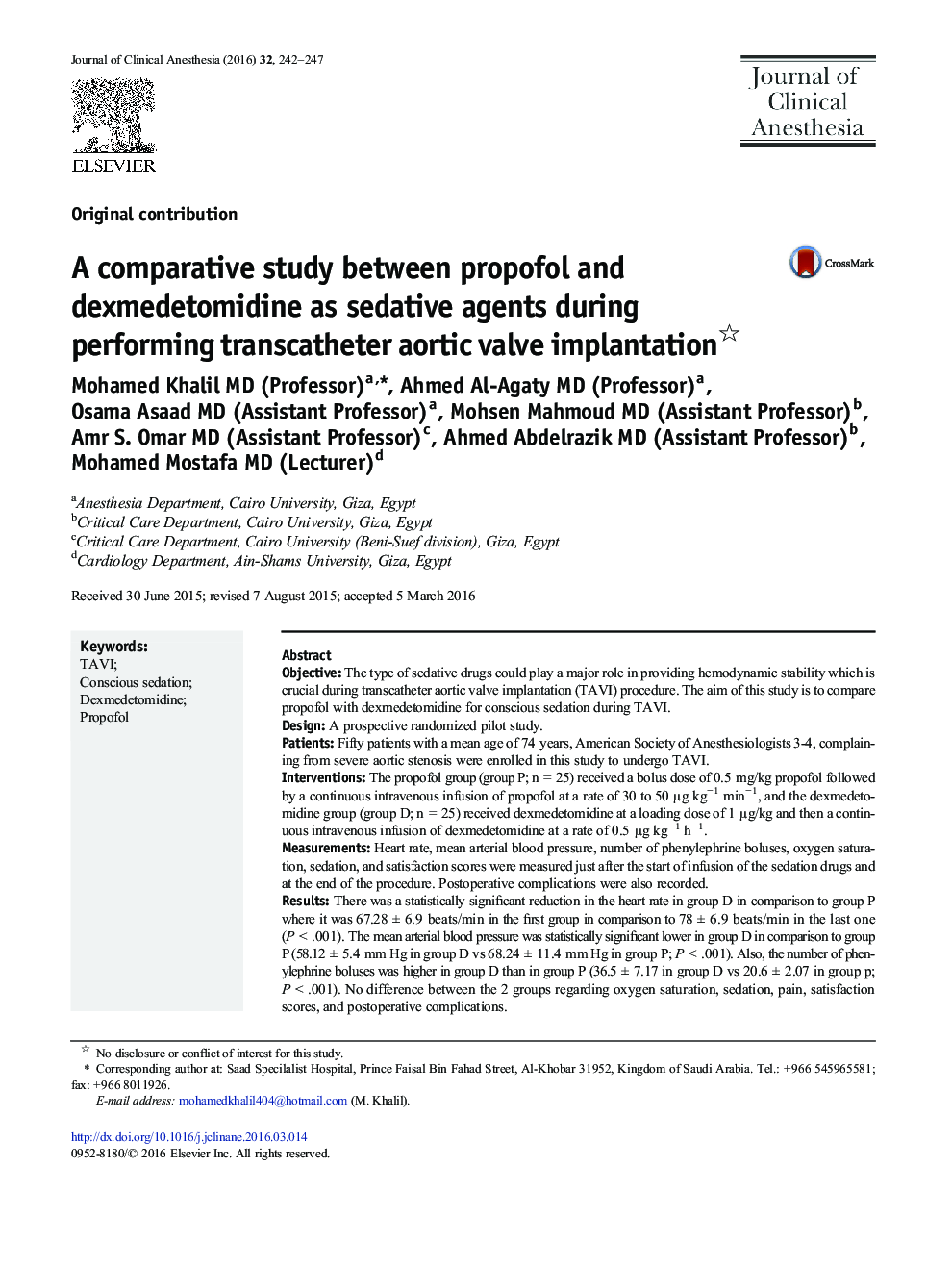 A comparative study between propofol and dexmedetomidine as sedative agents during performing transcatheter aortic valve implantation