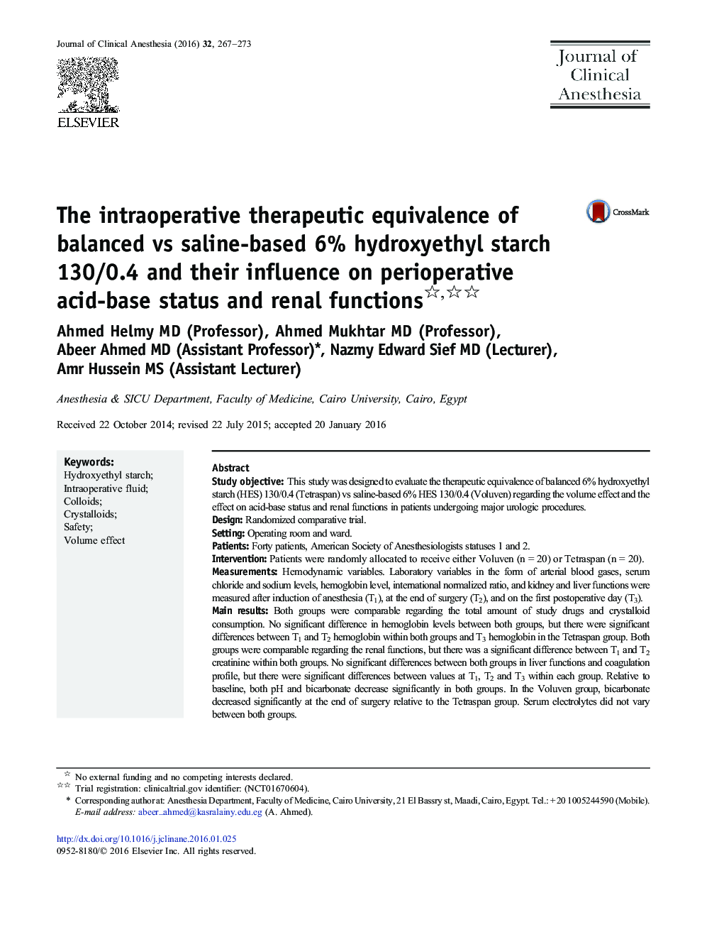 The intraoperative therapeutic equivalence of balanced vs saline-based 6% hydroxyethyl starch 130/0.4 and their influence on perioperative acid-base status and renal functions