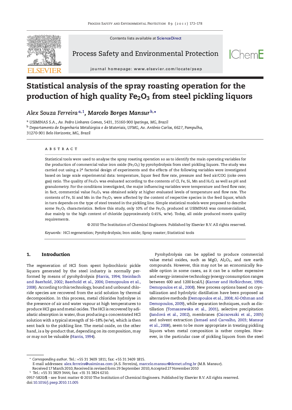 Statistical analysis of the spray roasting operation for the production of high quality Fe2O3 from steel pickling liquors