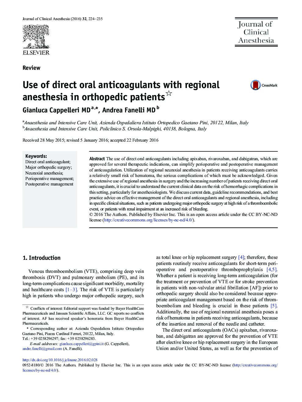 ReviewUse of direct oral anticoagulants with regional anesthesia in orthopedic patients