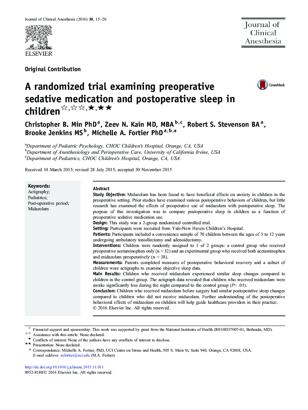A randomized trial examining preoperative sedative medication and postoperative sleep in children