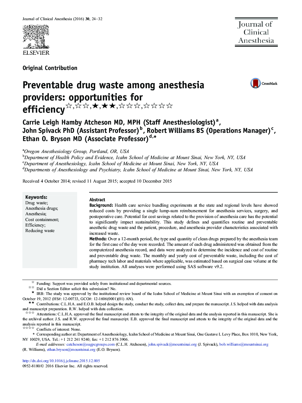 Preventable drug waste among anesthesia providers: opportunities for efficiencyâââ