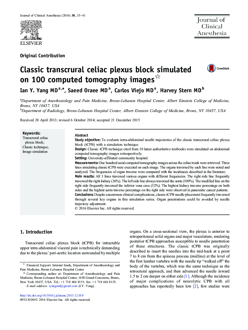 Original ContributionClassic transcrural celiac plexus block simulated on 100 computed tomography images