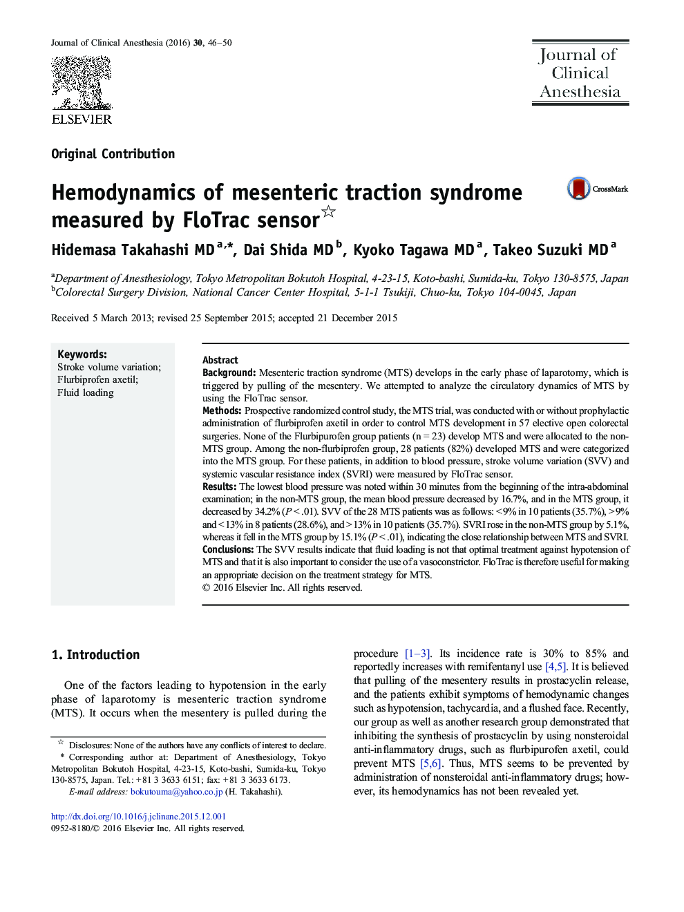 Original ContributionHemodynamics of mesenteric traction syndrome measured by FloTrac sensor