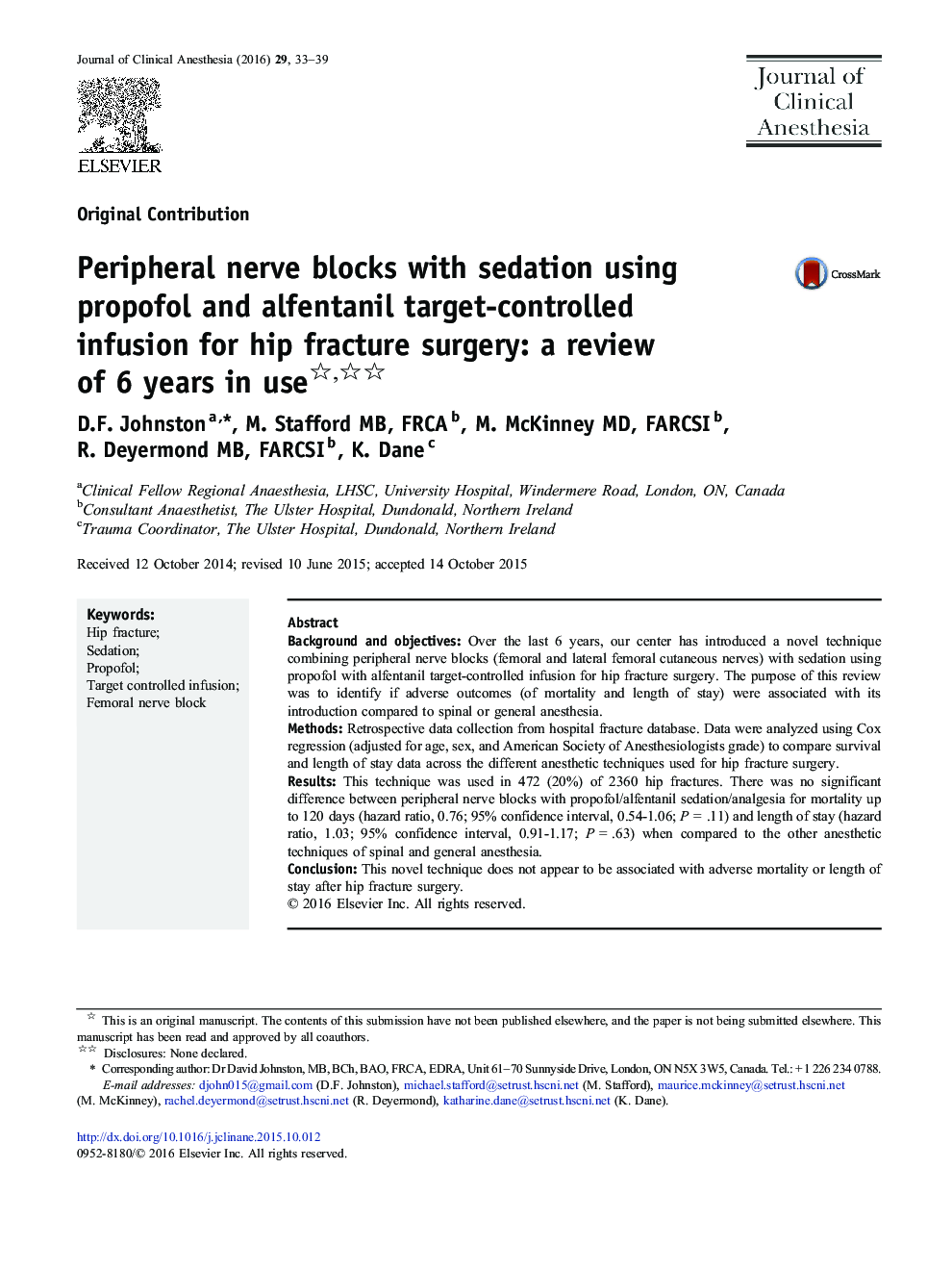 Original ContributionPeripheral nerve blocks with sedation using propofol and alfentanil target-controlled infusion for hip fracture surgery: a review of 6 years in use