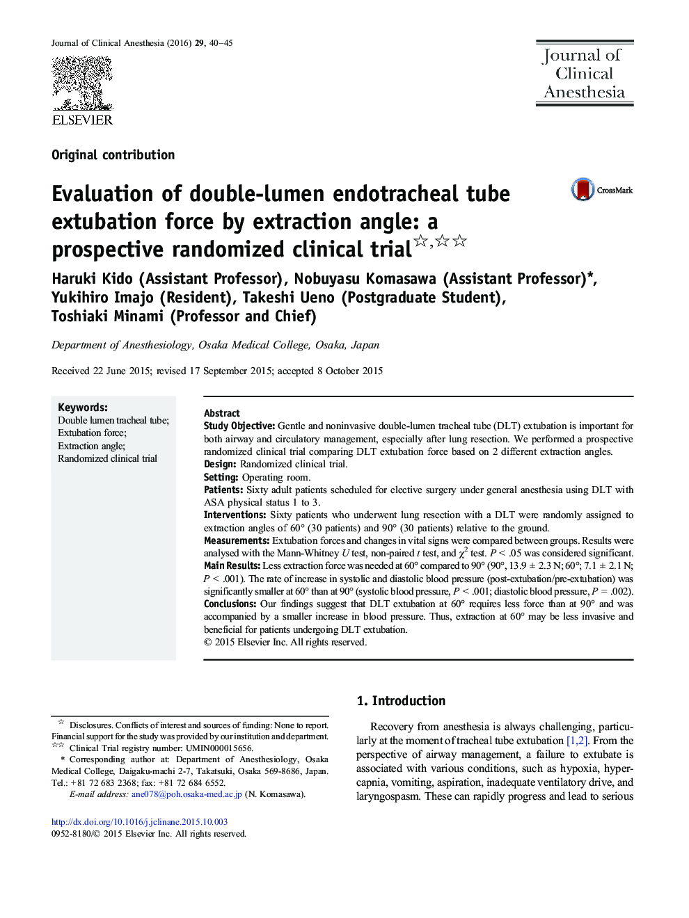 Evaluation of double-lumen endotracheal tube extubation force by extraction angle: a prospective randomized clinical trial