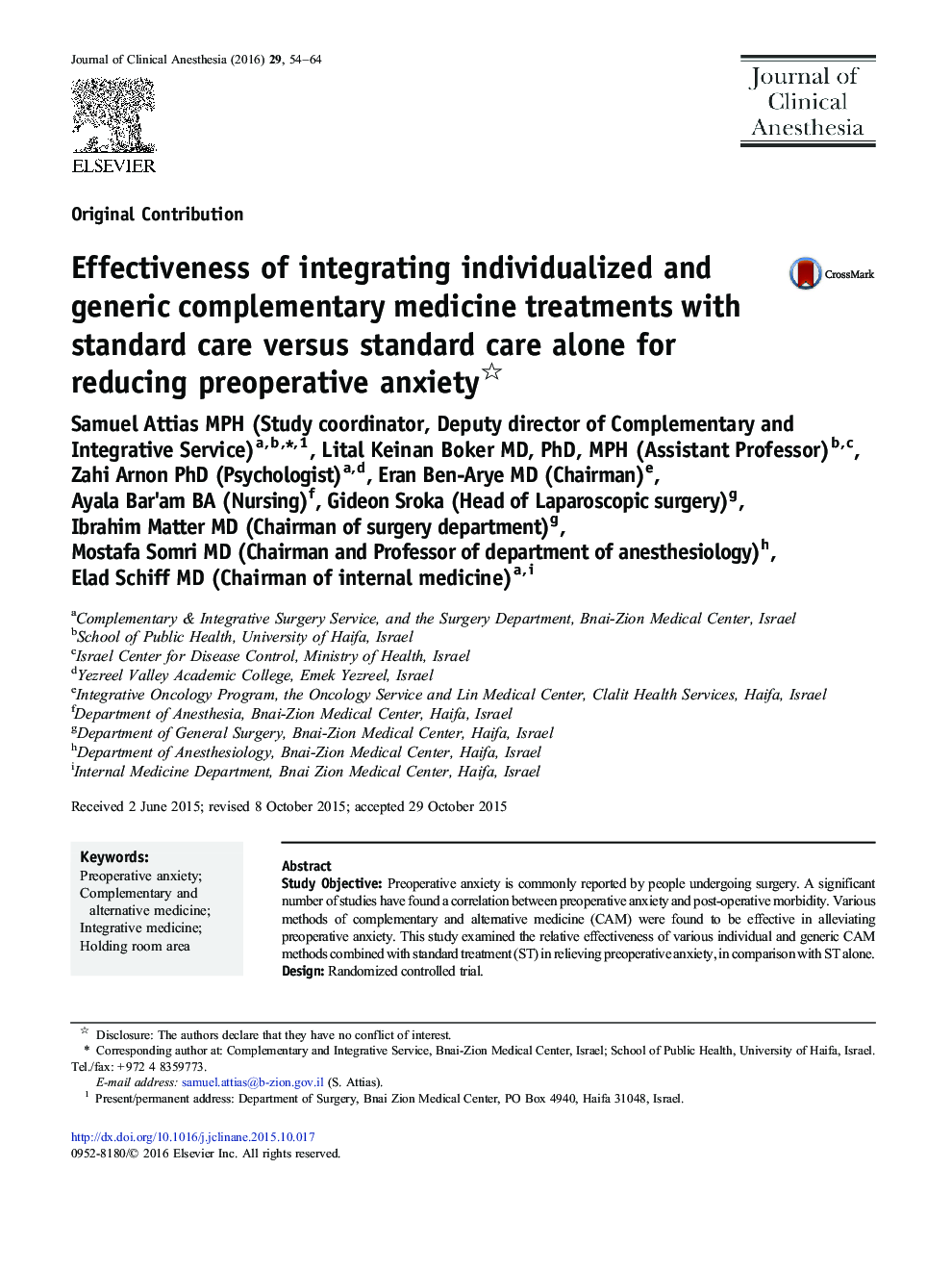 Original ContributionEffectiveness of integrating individualized and generic complementary medicine treatments with standard care versus standard care alone for reducing preoperative anxiety