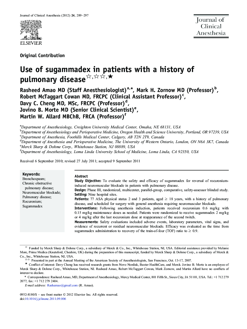 Original ContributionUse of sugammadex in patients with a history of pulmonary diseaseâ