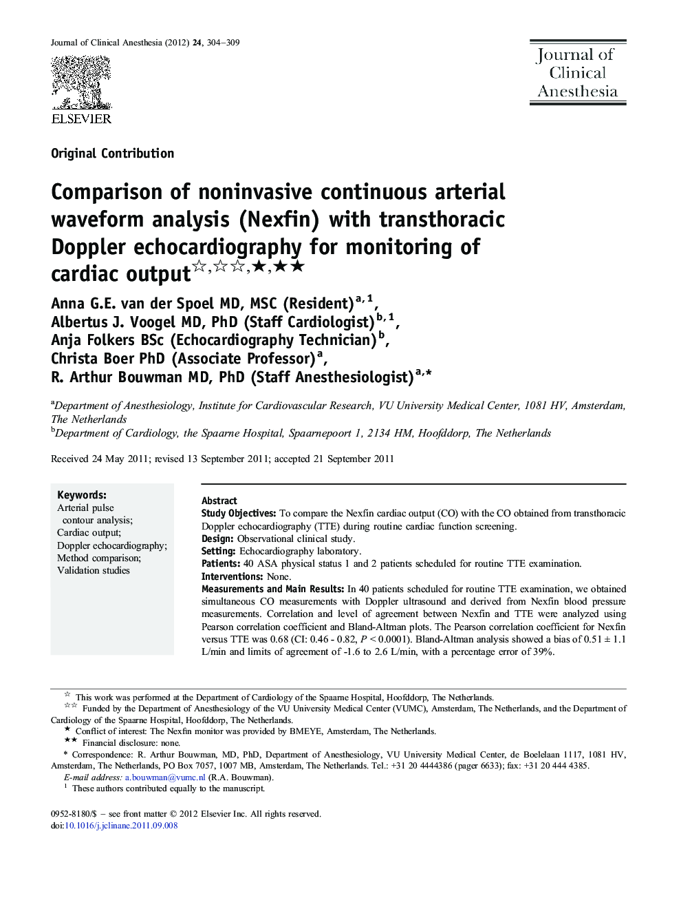 Comparison of noninvasive continuous arterial waveform analysis (Nexfin) with transthoracic Doppler echocardiography for monitoring of cardiac output