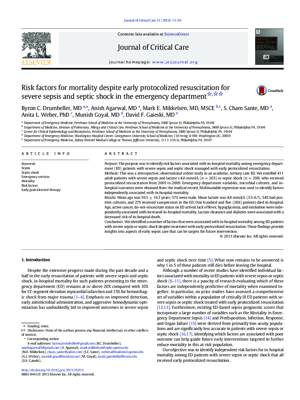 Predictors/OutcomesRisk factors for mortality despite early protocolized resuscitation for severe sepsis and septic shock in the emergency department