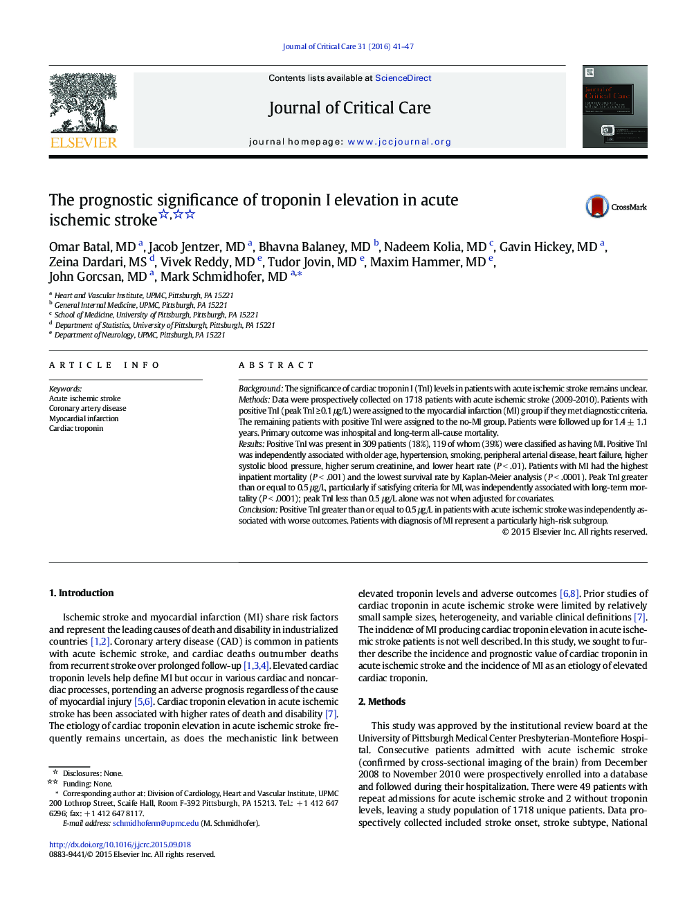 Predictors/OutcomesThe prognostic significance of troponin I elevation in acute ischemic stroke