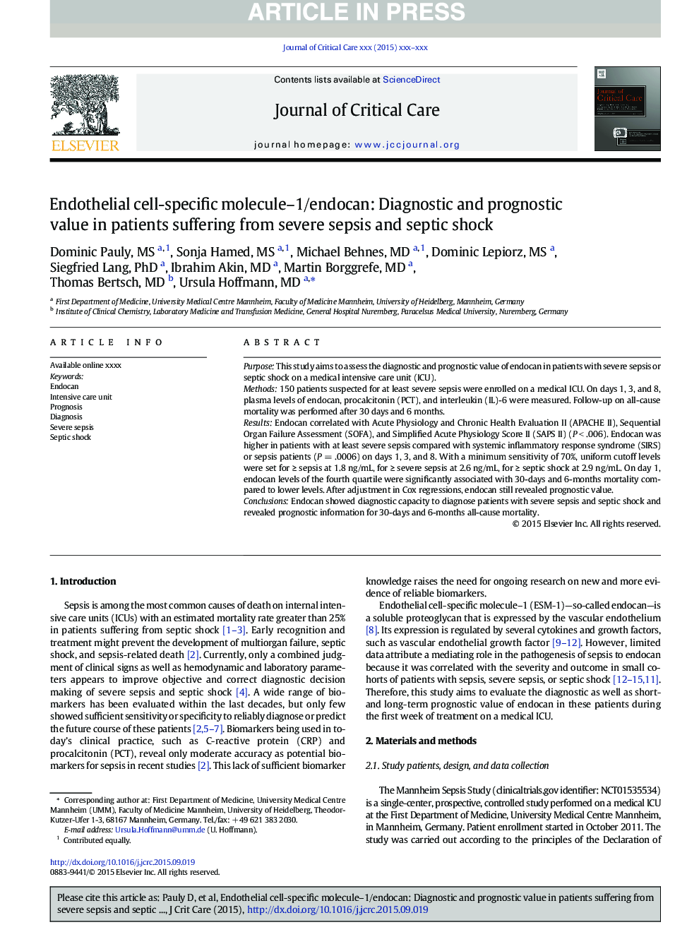 مولکول اختصاصی سلولهای اندوتلیال-1 / اندوکان: ارزش تشخیصی و پیش آگهی در بیماران مبتلا به سپسیس شدید و شوک سپتیک 
