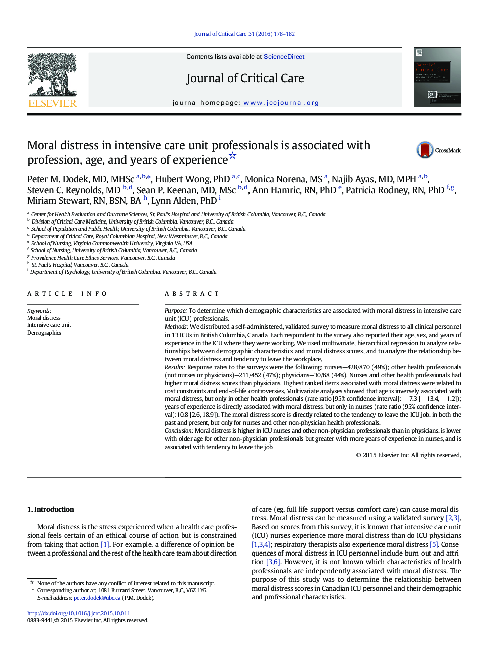 Moral distress in intensive care unit professionals is associated with profession, age, and years of experience