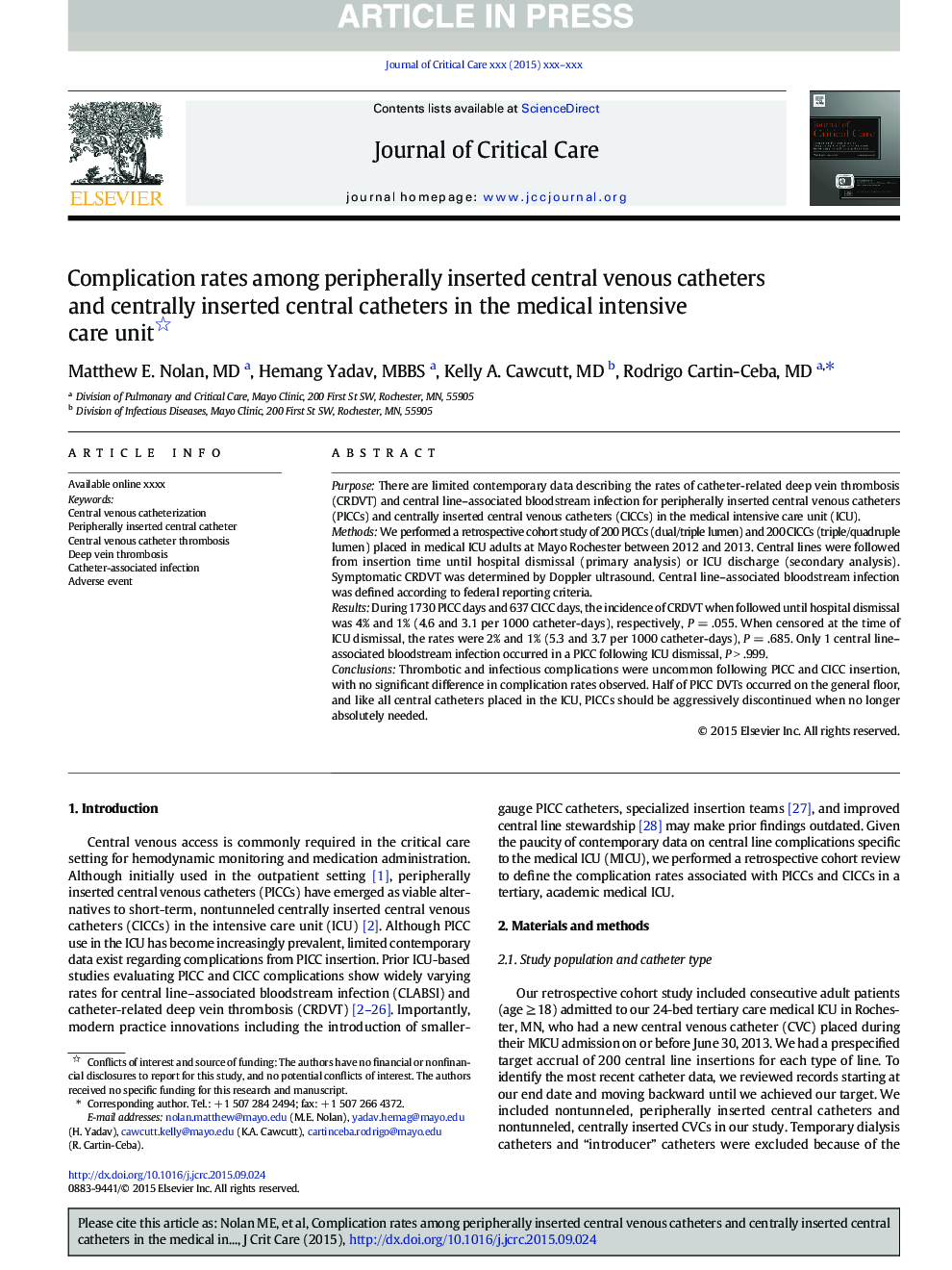 Complication rates among peripherally inserted central venous catheters and centrally inserted central catheters in the medical intensive care unit