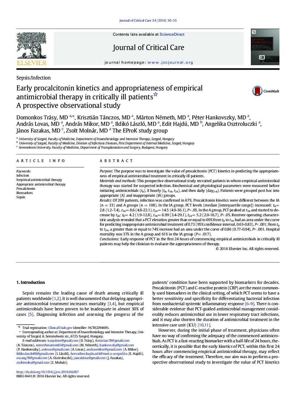 Early procalcitonin kinetics and appropriateness of empirical antimicrobial therapy in critically ill patients: A prospective observational study