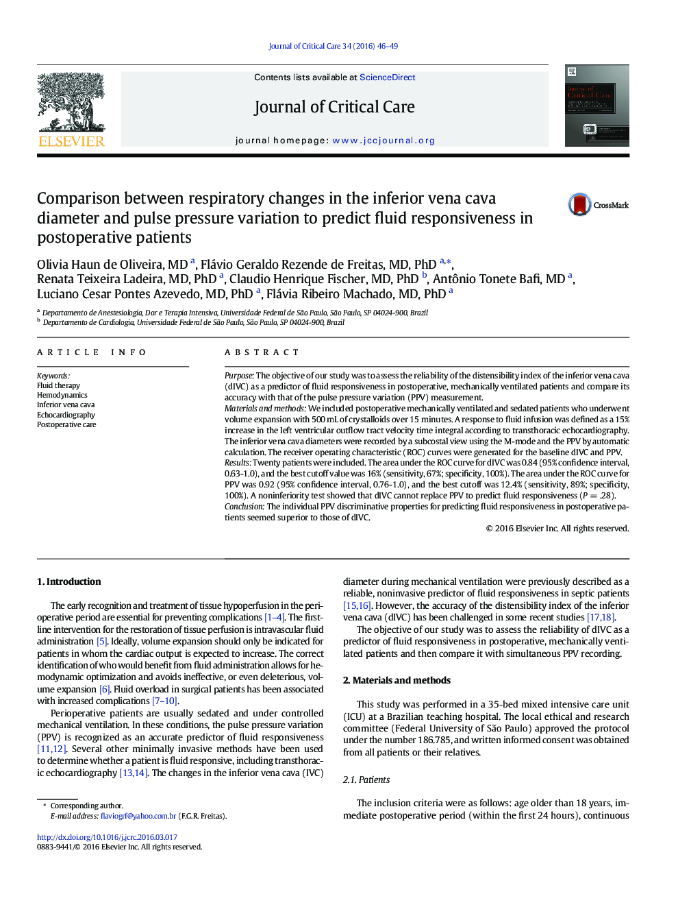 Clinical PotpourriComparison between respiratory changes in the inferior vena cava diameter and pulse pressure variation to predict fluid responsiveness in postoperative patients