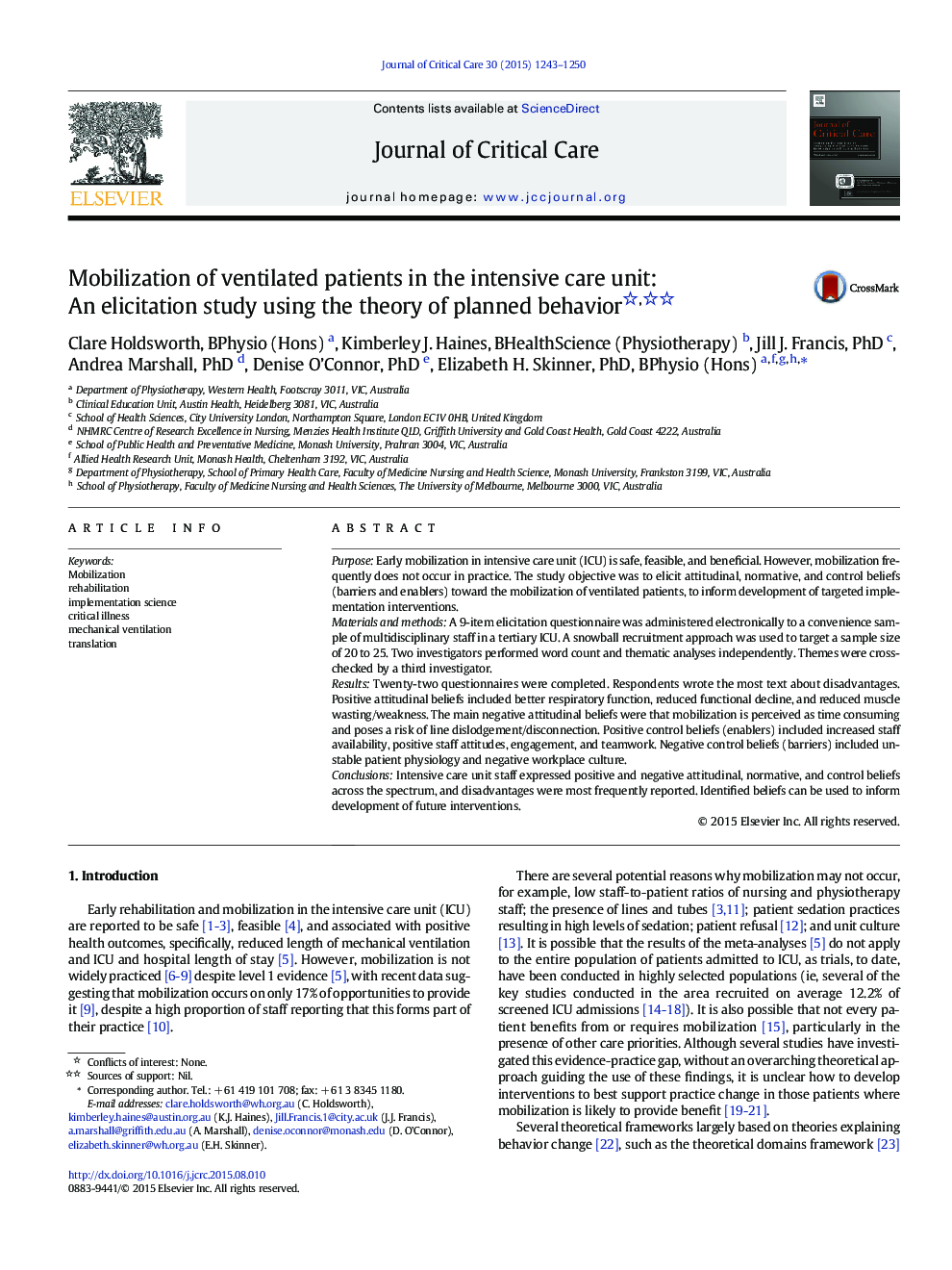 PhysiotherapyMobilization of ventilated patients in the intensive care unit: An elicitation study using the theory of planned behavior