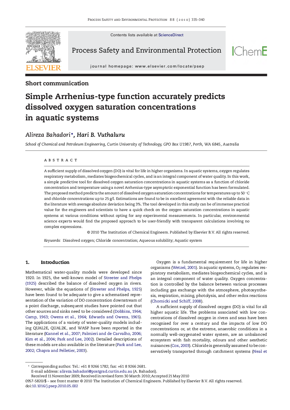 Simple Arrhenius-type function accurately predicts dissolved oxygen saturation concentrations in aquatic systems