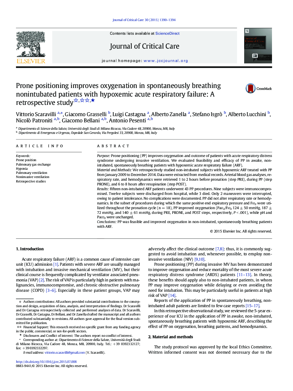 Clinical PotpourriProne positioning improves oxygenation in spontaneously breathing nonintubated patients with hypoxemic acute respiratory failure: A retrospective studyâ