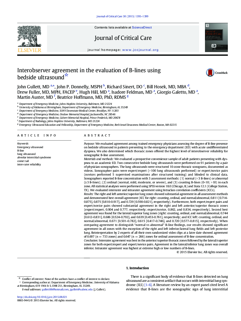 Interobserver agreement in the evaluation of B-lines using bedside ultrasound