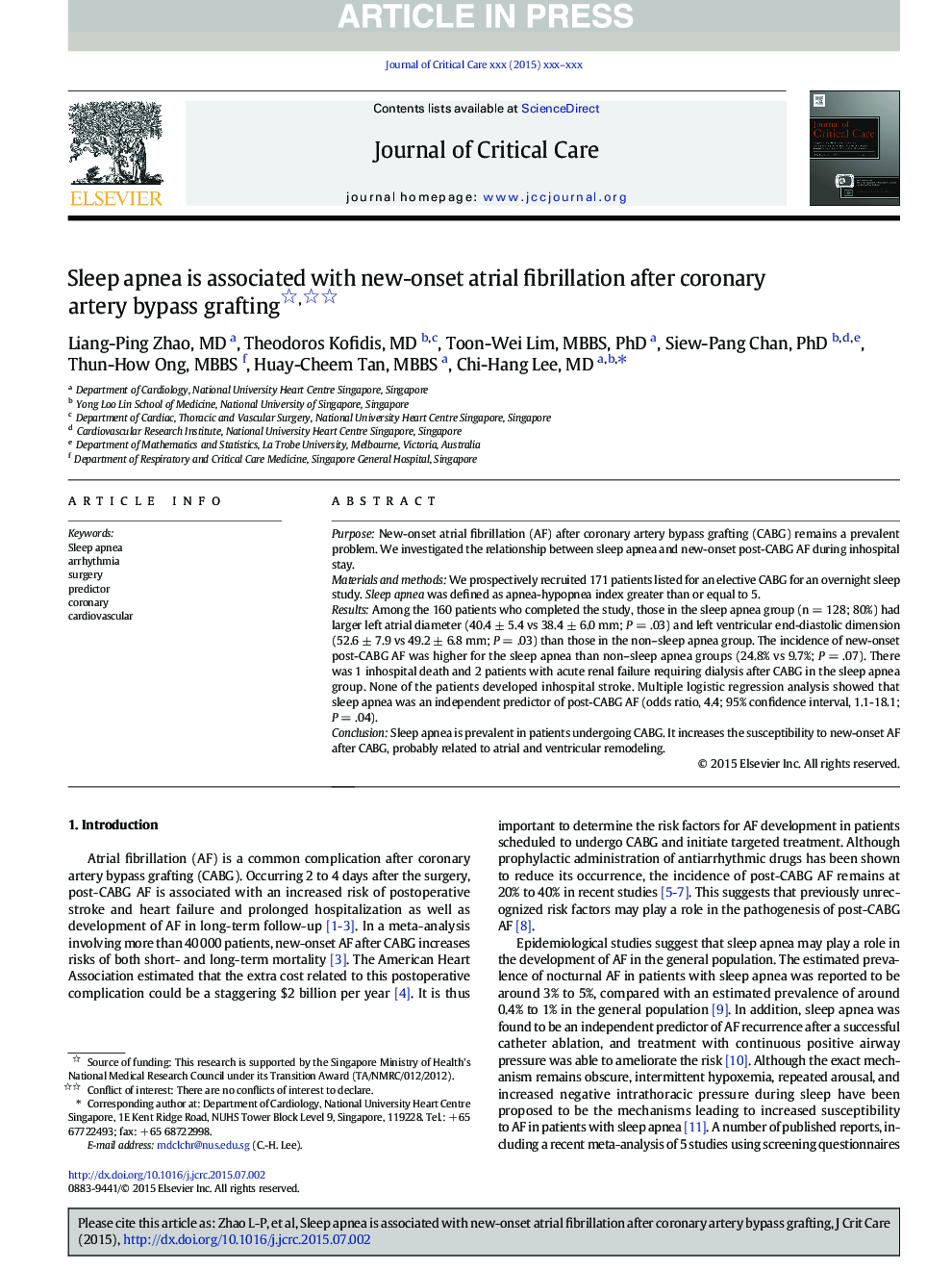 Sleep apnea is associated with new-onset atrial fibrillation after coronary artery bypass grafting