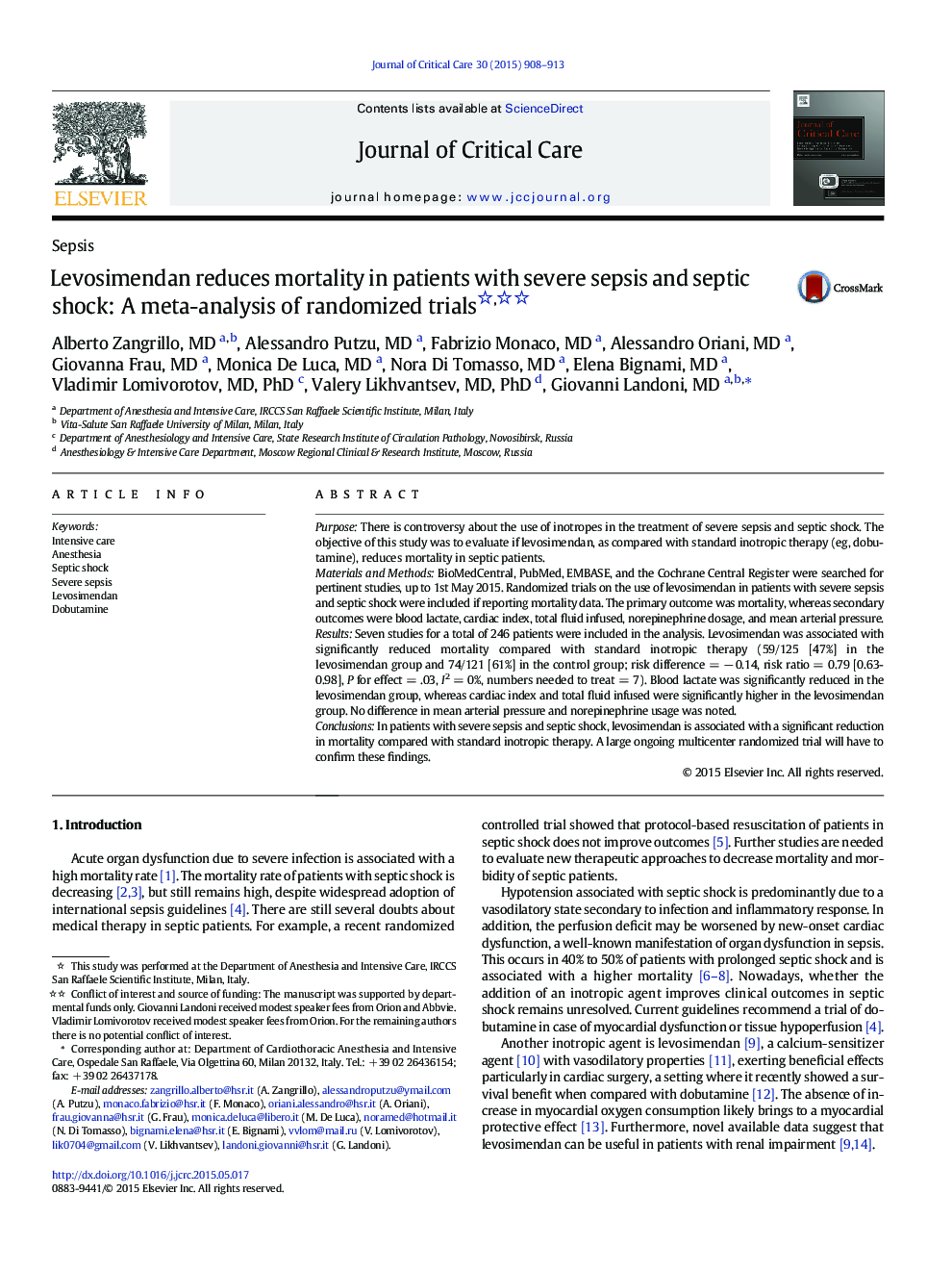 SepsisLevosimendan reduces mortality in patients with severe sepsis and septic shock: A meta-analysis of randomized trials