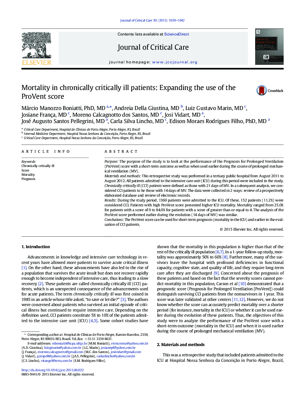 Mortality in chronically critically ill patients: Expanding the use of the ProVent score