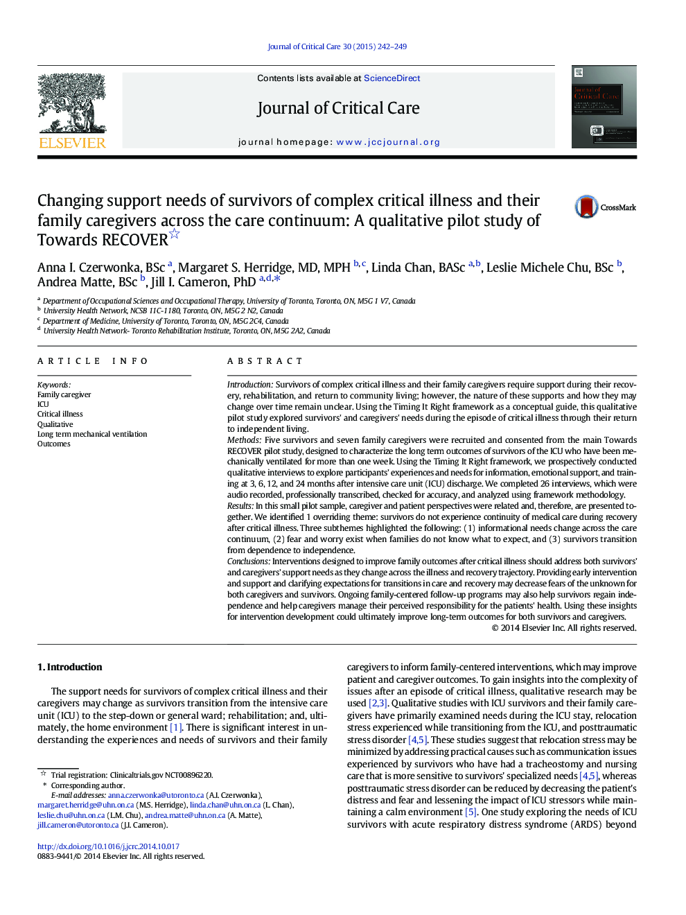 CommunicationChanging support needs of survivors of complex critical illness and their family caregivers across the care continuum: A qualitative pilot study of Towards RECOVER