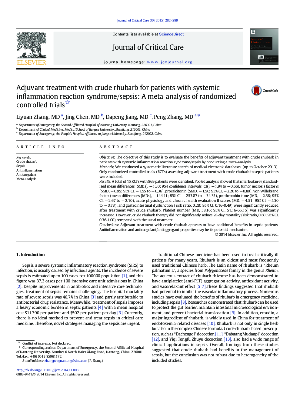 Adjuvant treatment with crude rhubarb for patients with systemic inflammation reaction syndrome/sepsis: A meta-analysis of randomized controlled trials