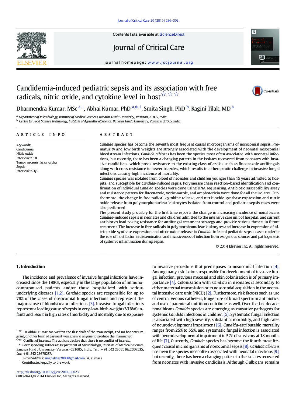 Candidemia-induced pediatric sepsis and its association with free radicals, nitric oxide, and cytokine level in host