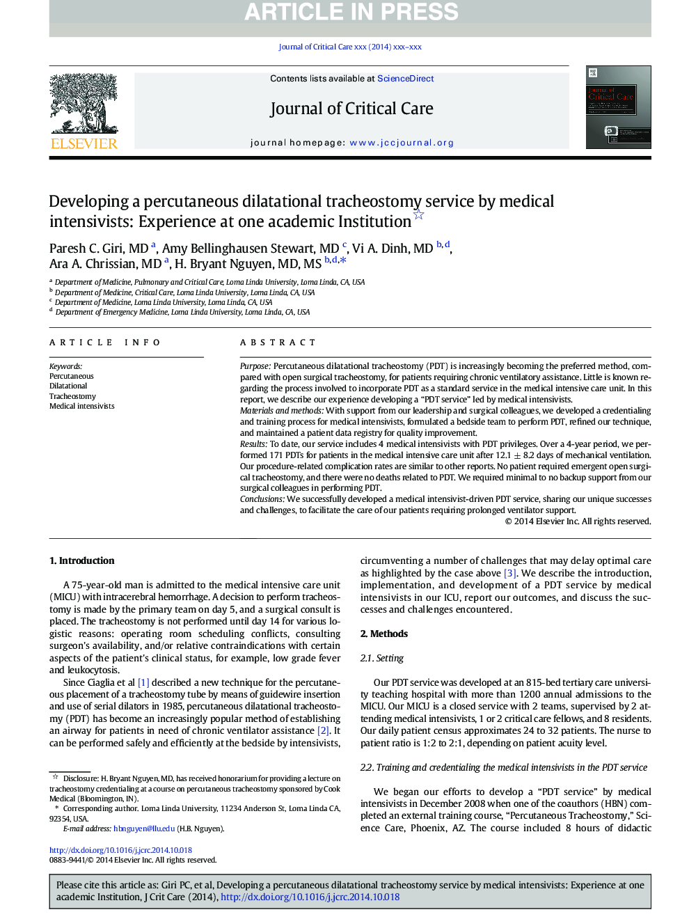 Developing a percutaneous dilatational tracheostomy service by medical intensivists: Experience at one academic Institution