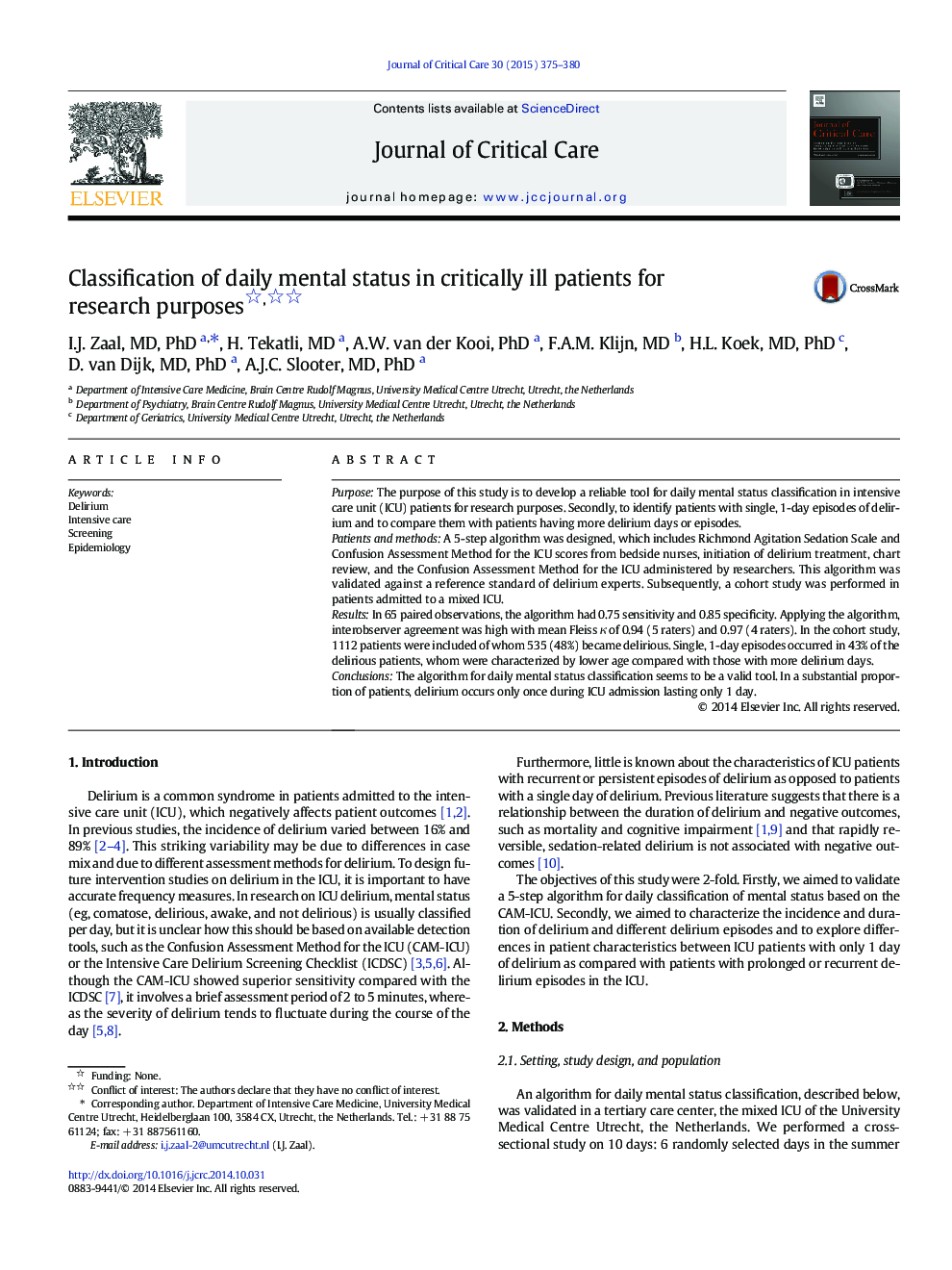 Clinical PotpourriClassification of daily mental status in critically ill patients for research purposes