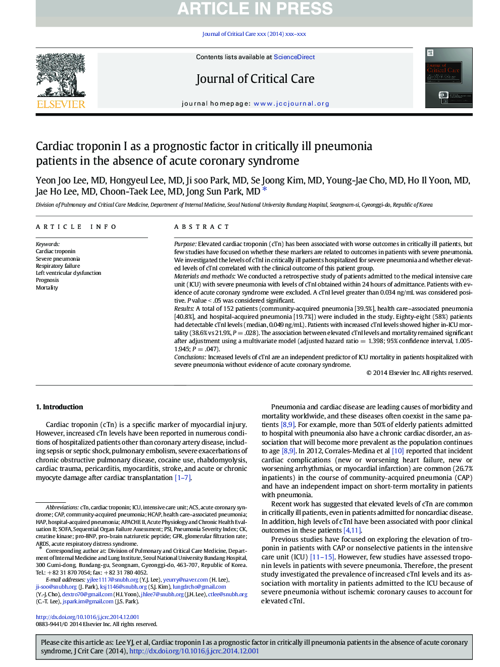 Cardiac troponin I as a prognostic factor in critically ill pneumonia patients in the absence of acute coronary syndrome