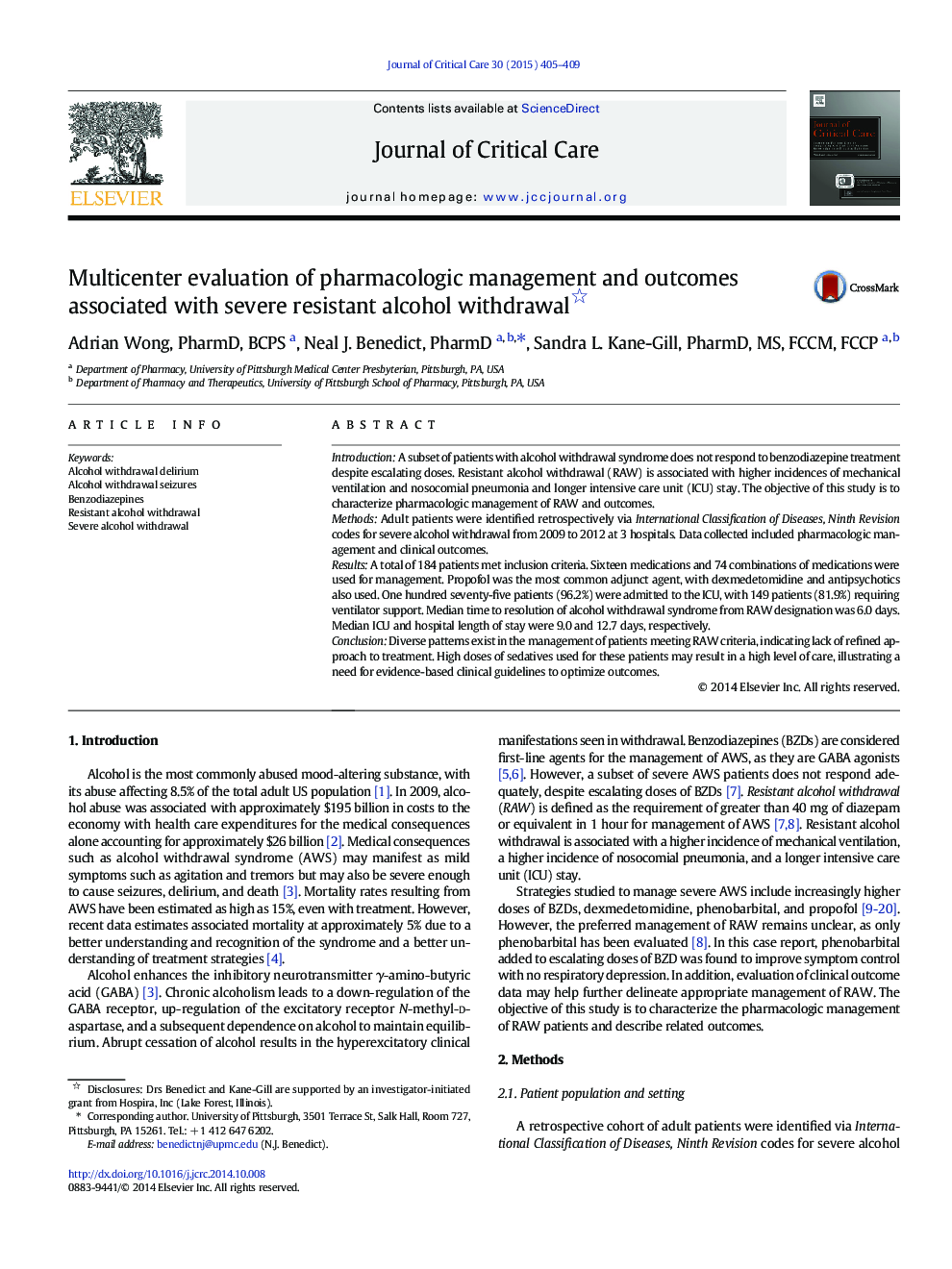 Multicenter evaluation of pharmacologic management and outcomes associated with severe resistant alcohol withdrawal