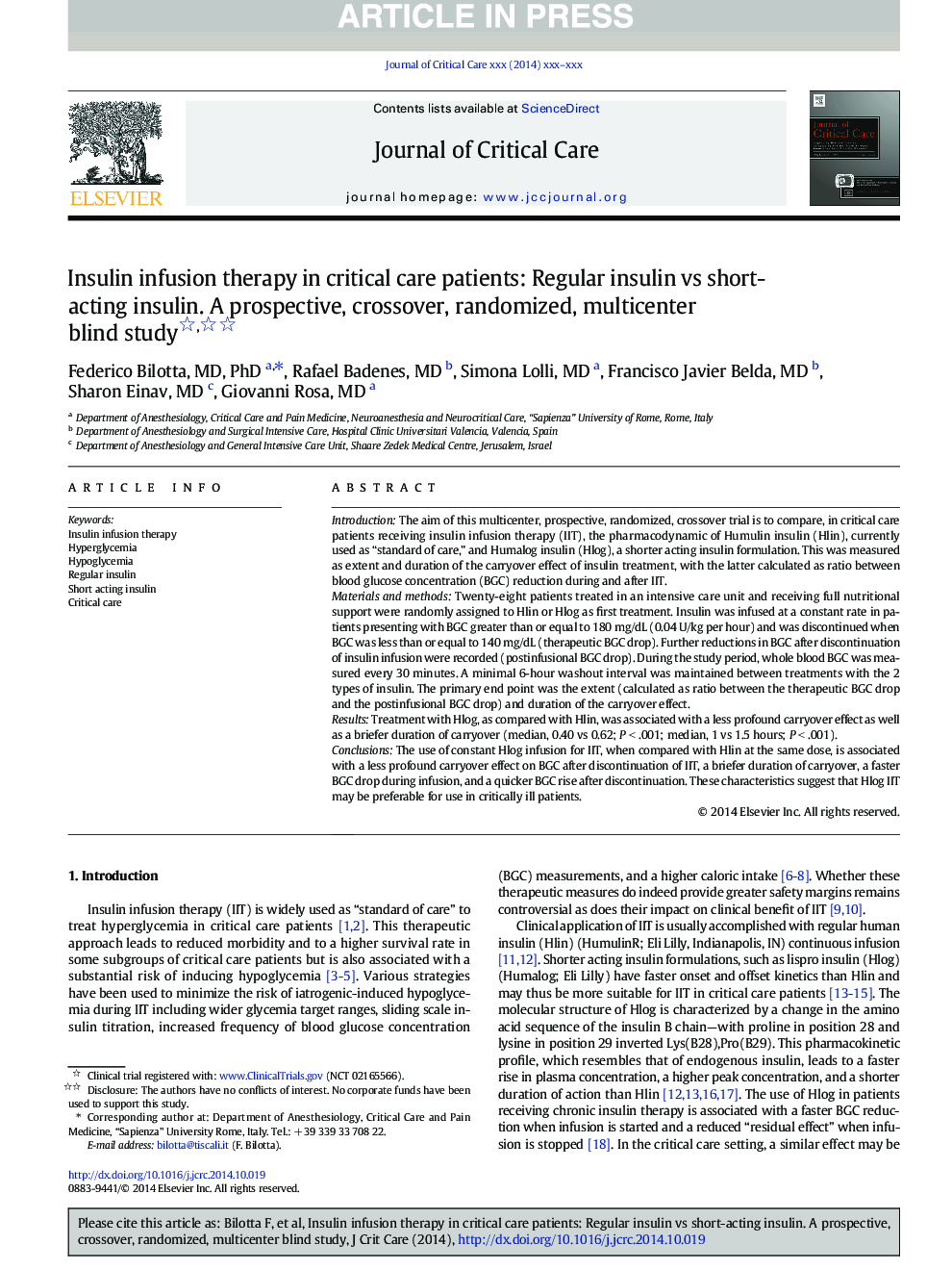 Insulin infusion therapy in critical care patients: Regular insulin vs short-acting insulin. A prospective, crossover, randomized, multicenter blind study