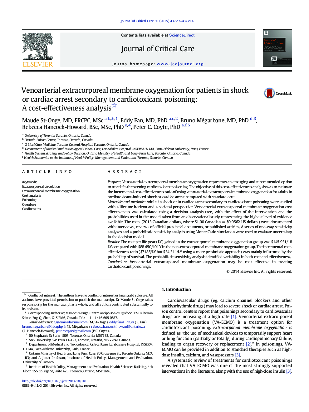 Venoarterial extracorporeal membrane oxygenation for patients in shock or cardiac arrest secondary to cardiotoxicant poisoning: A cost-effectiveness analysis