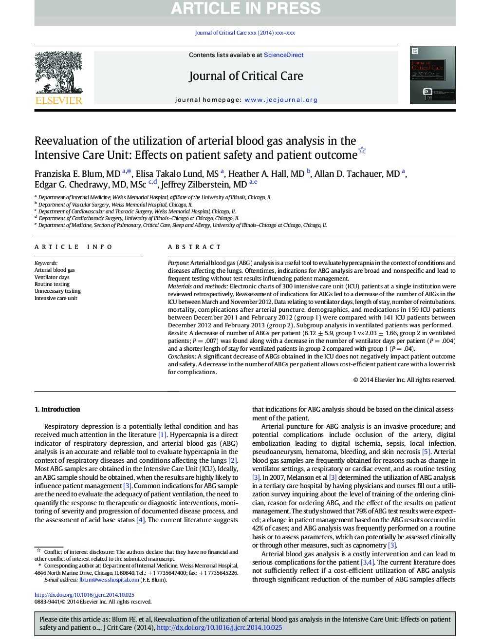 Reevaluation of the utilization of arterial blood gas analysis in the Intensive Care Unit: Effects on patient safety and patient outcome