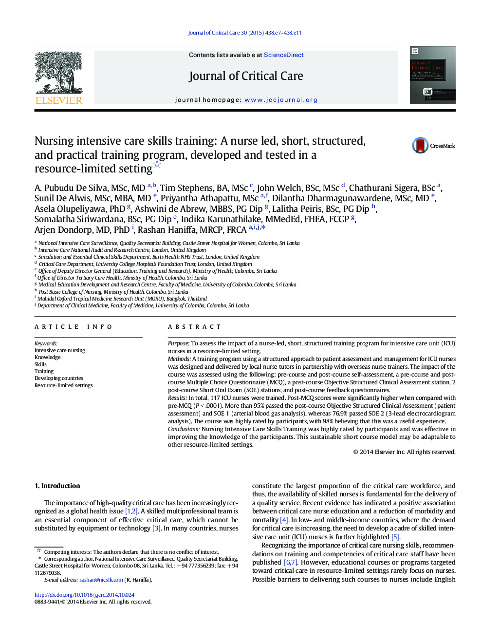 Nursing intensive care skills training: A nurse led, short, structured, and practical training program, developed and tested in a resource-limited setting