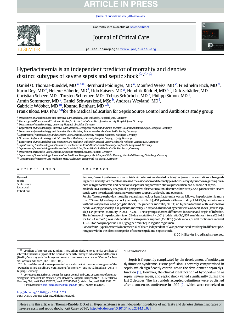 Hyperlactatemia is an independent predictor of mortality and denotes distinct subtypes of severe sepsis and septic shock