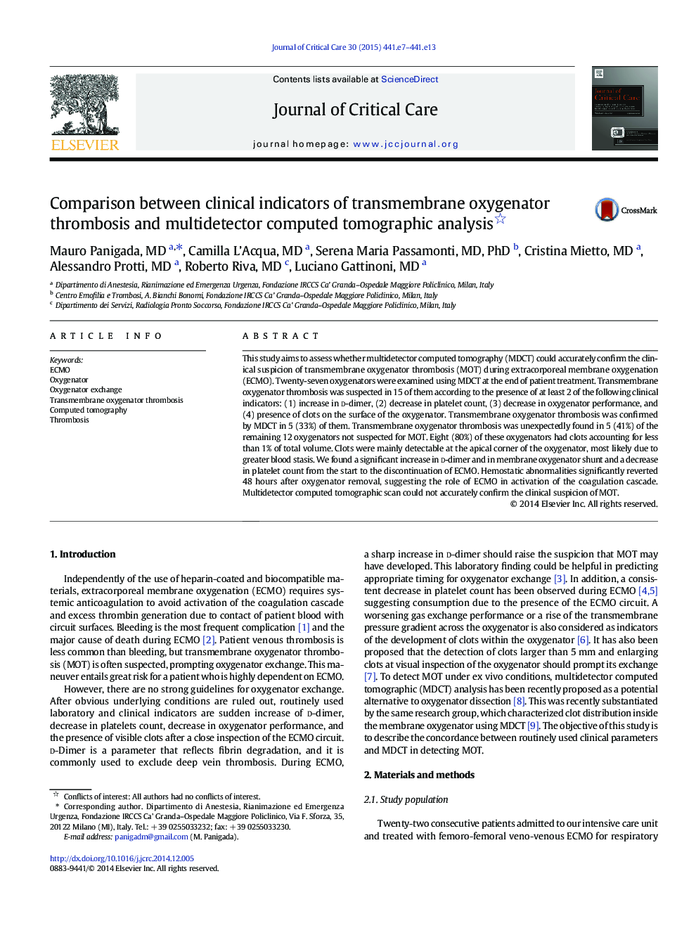 Comparison between clinical indicators of transmembrane oxygenator thrombosis and multidetector computed tomographic analysis